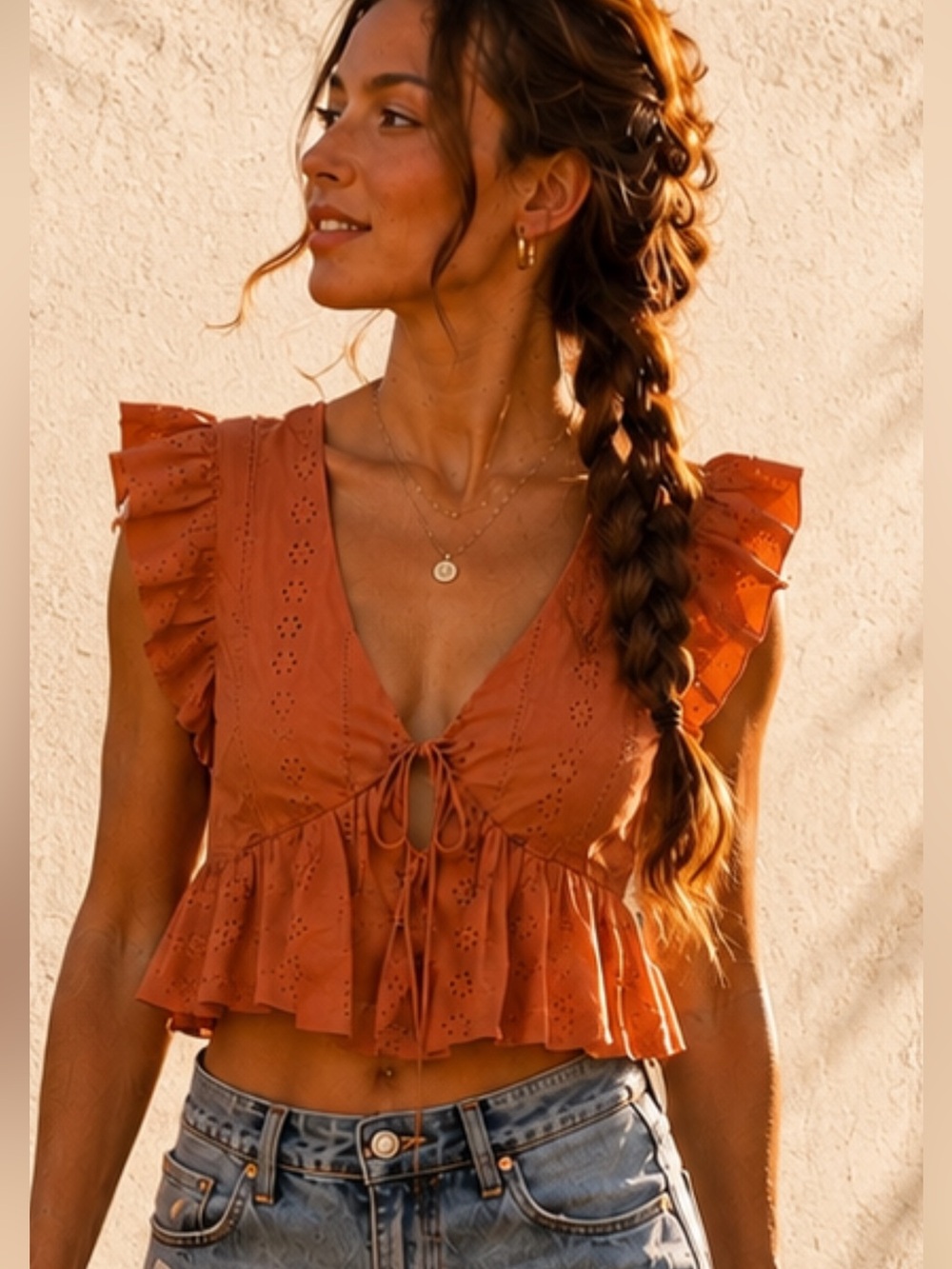 Women's Rust Eyelet Ruffled Tie-Front Crop Top